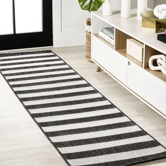 8' Black And Cream Striped Indoor Outdoor Runner Rug Photo 2