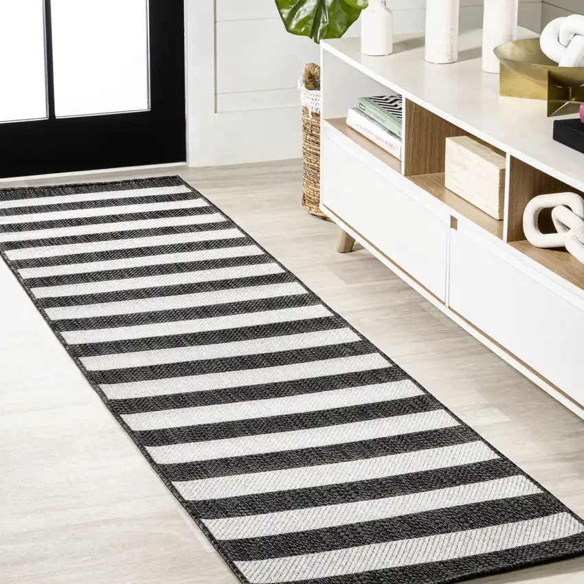 8' Black And Cream Striped Indoor Outdoor Runner Rug Photo 2