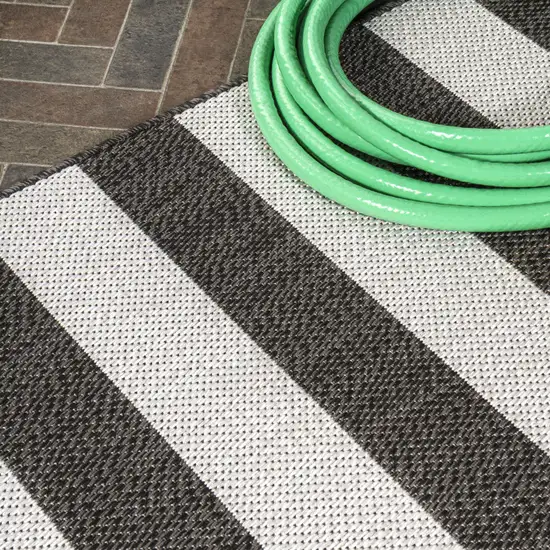 8' Black And Cream Striped Indoor Outdoor Runner Rug Photo 8