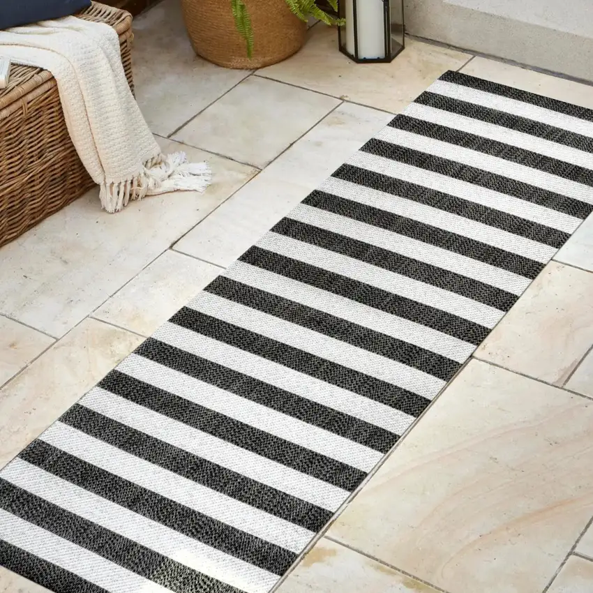 8' Black And Cream Striped Indoor Outdoor Runner Rug Photo 3