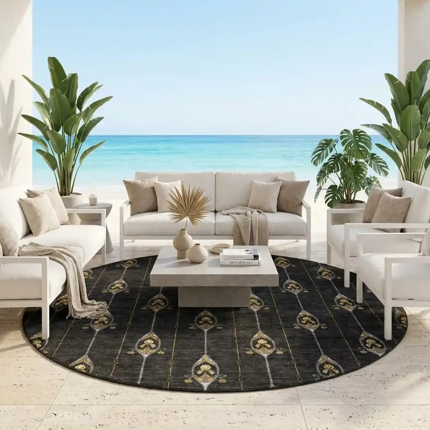 8' Black And Denim Blue Round Geometric Washable Indoor Outdoor Area Rug Photo 1