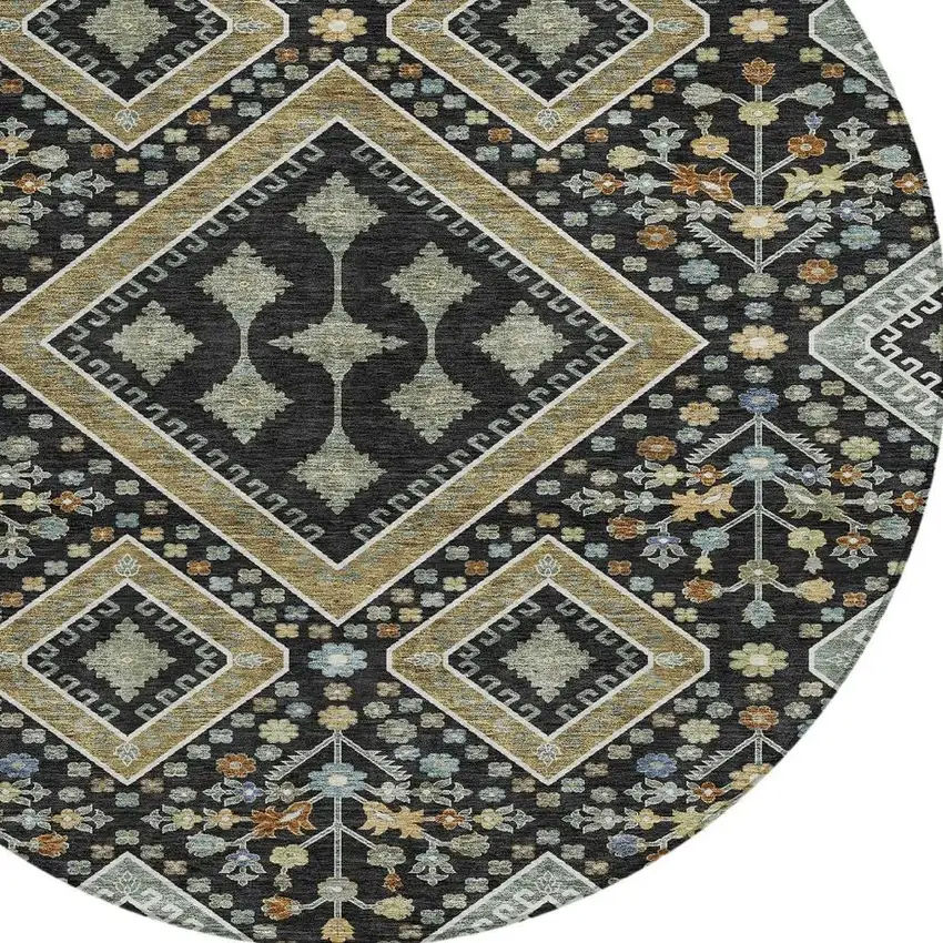8' Black And Fern Green Round Medallion Washable Indoor Outdoor Area Rug Photo 3