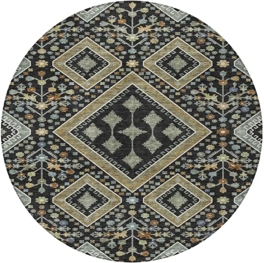 8' Black And Fern Green Round Medallion Washable Indoor Outdoor Area Rug Photo 2