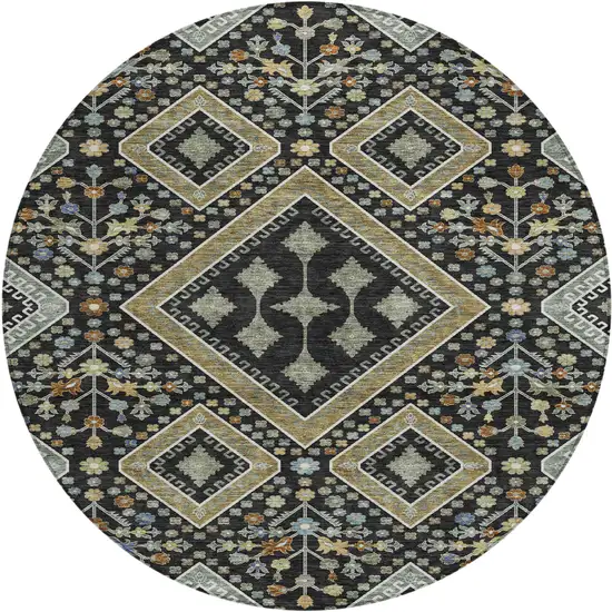 8' Black And Fern Green Round Medallion Washable Indoor Outdoor Area Rug Photo 1