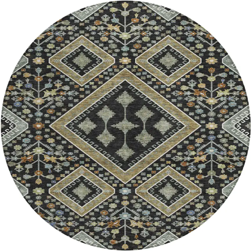 8' Black And Fern Green Round Medallion Washable Indoor Outdoor Area Rug Photo 1
