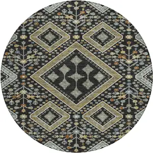 Photo of 8' Black And Fern Green Round Medallion Washable Indoor Outdoor Area Rug
