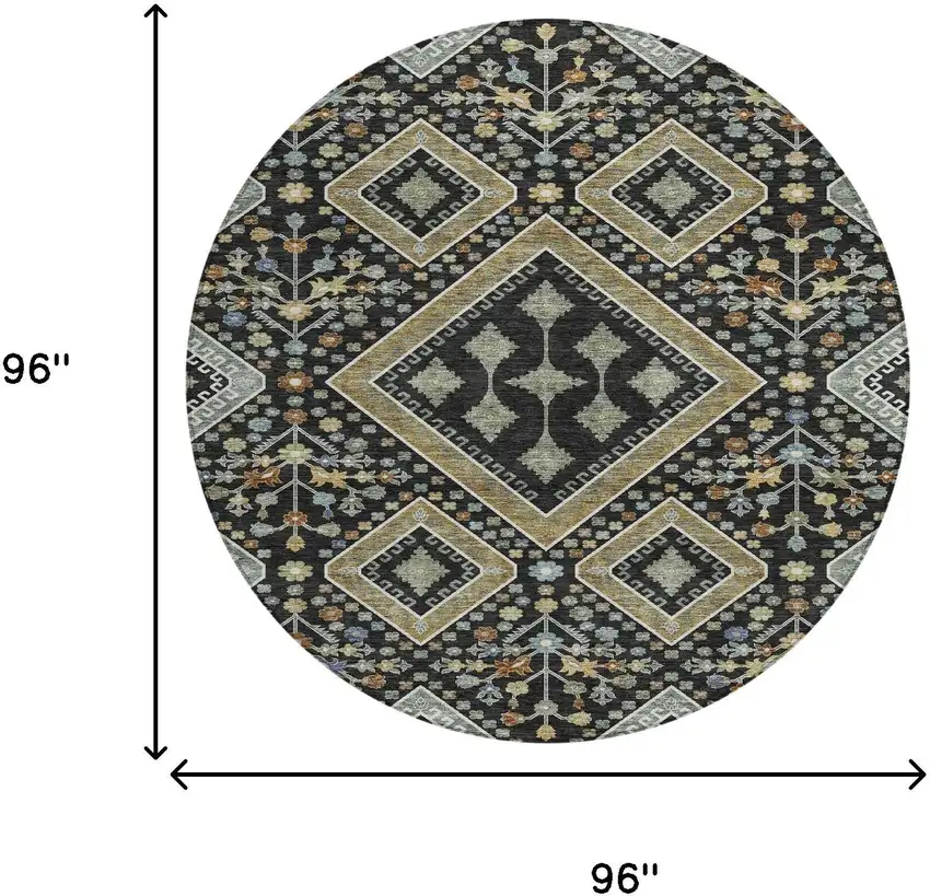 8' Black And Fern Green Round Medallion Washable Indoor Outdoor Area Rug Photo 7