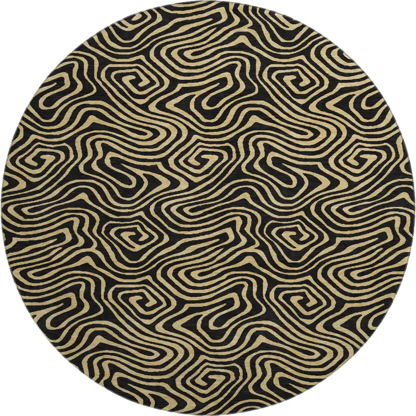 8' Black And Gold Abstract Washable Round Rug With UV Protection Photo 1