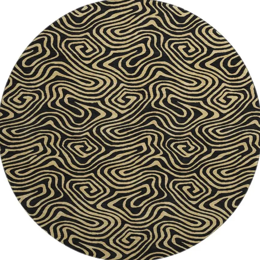8' Black And Gold Abstract Washable Round Rug With UV Protection Photo 3