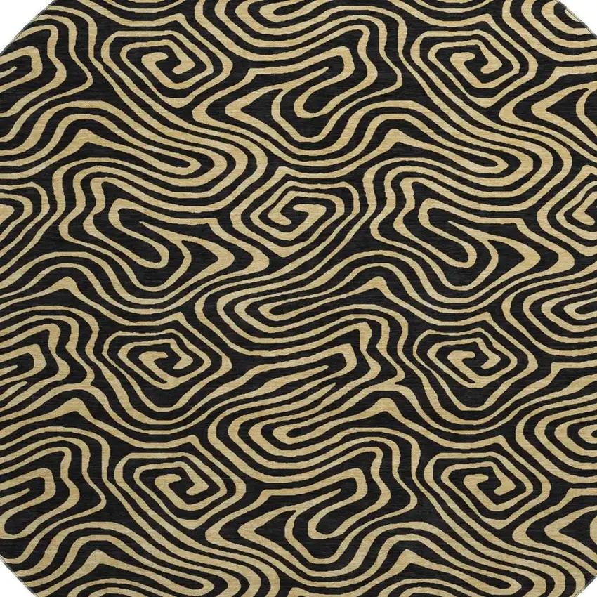 8' Black And Gold Abstract Washable Round Rug With UV Protection Photo 2