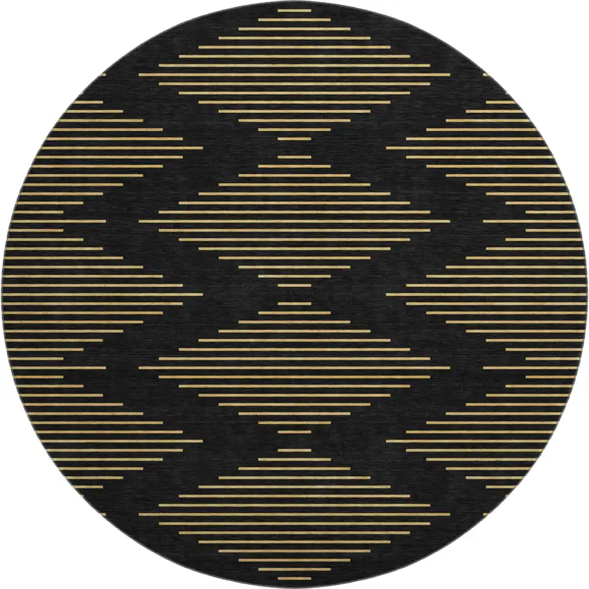 8' Black And Gold Geometric Washable Round Rug With UV Protection Photo 1