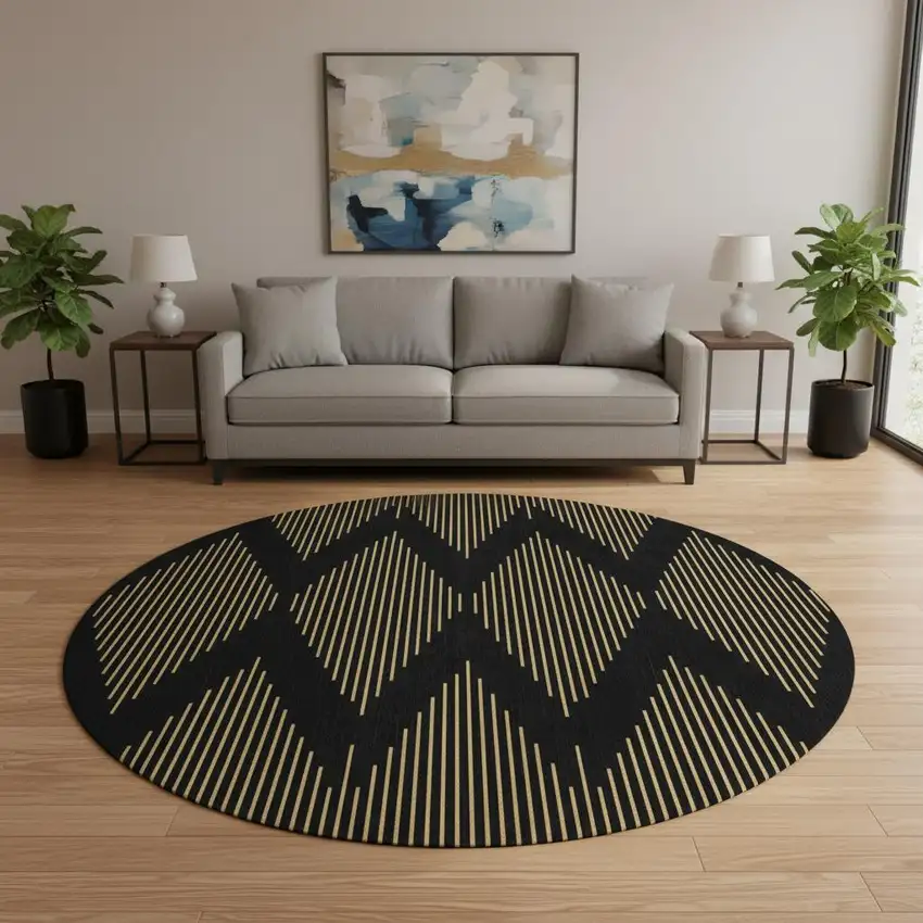 8' Black And Gold Geometric Washable Round Rug With UV Protection Photo 2