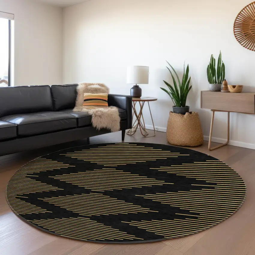 8' Black And Gold Geometric Washable Round Rug With UV Protection Photo 4