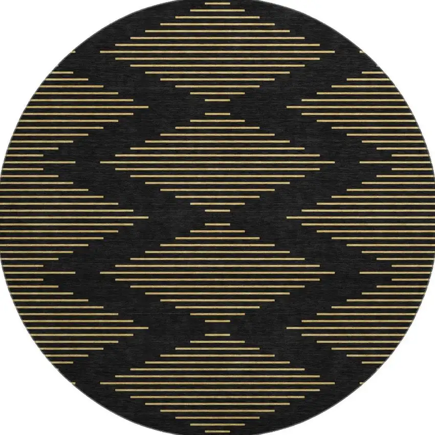 8' Black And Gold Geometric Washable Round Rug With UV Protection Photo 3
