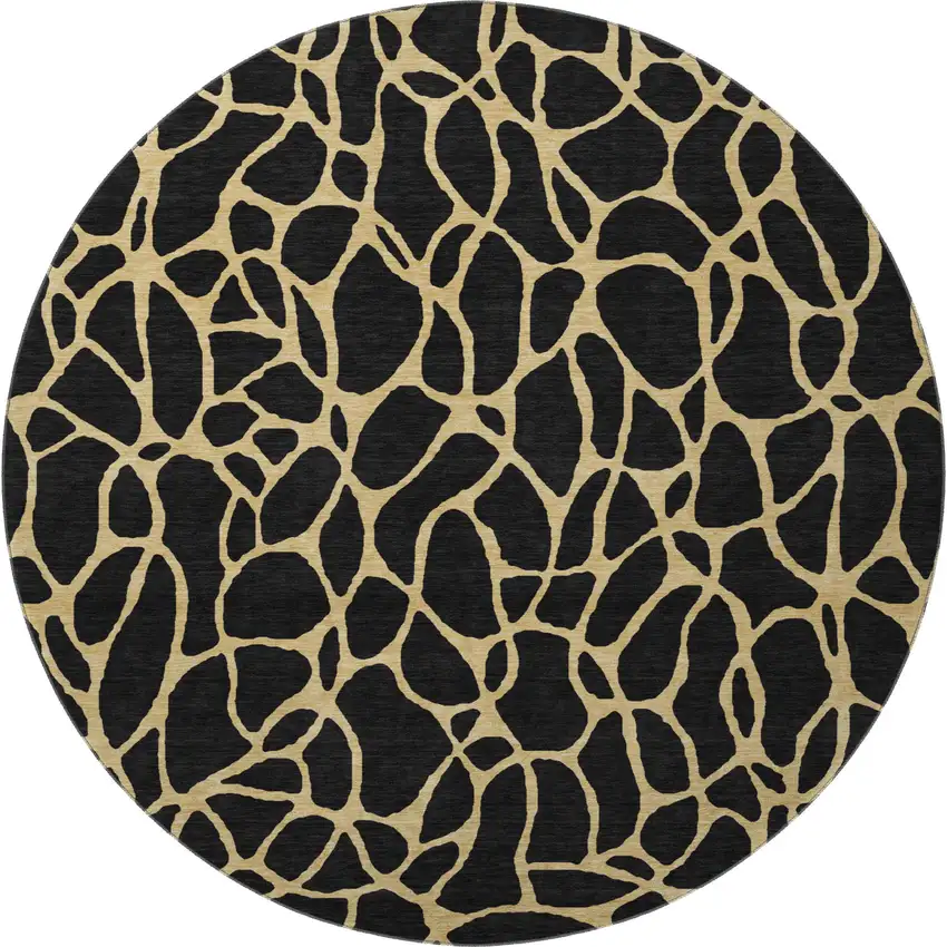 8' Black And Gold Geometric Washable Round Rug With UV Protection Photo 3