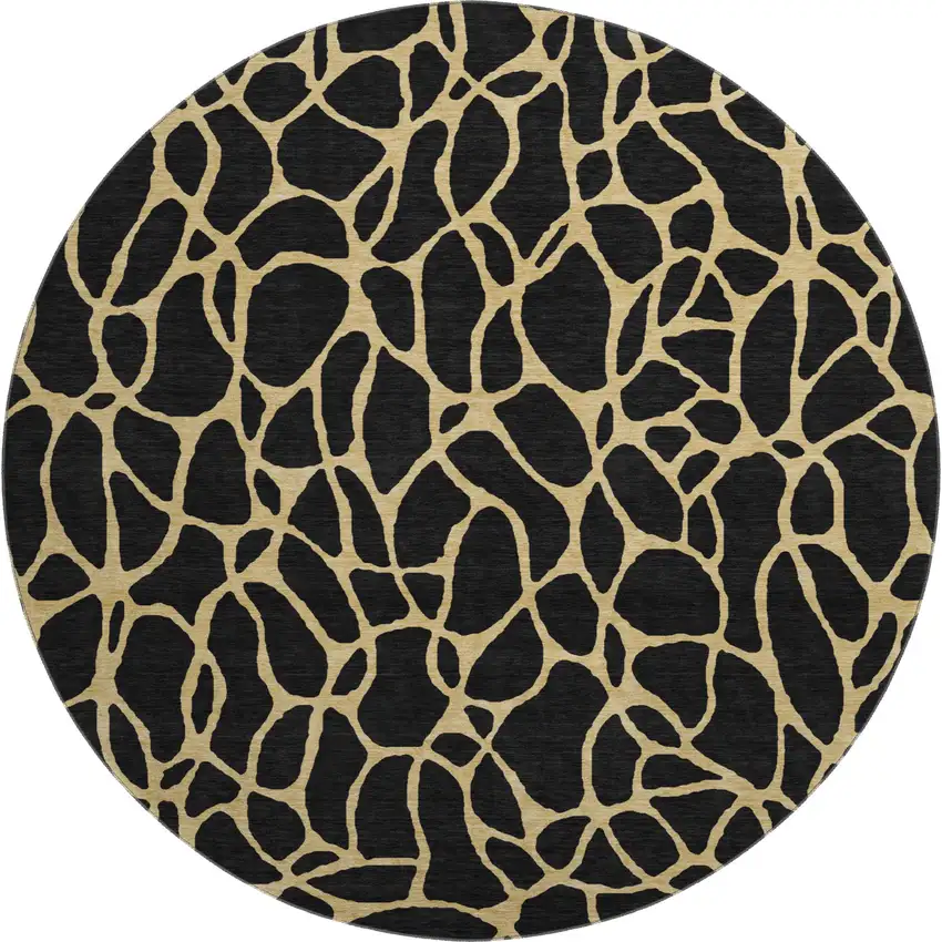 8' Black And Gold Geometric Washable Round Rug With UV Protection Photo 1