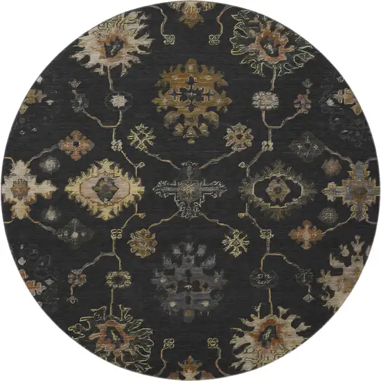 8' Black And Gold Oriental Washable Round Rug With UV Protection Photo 4