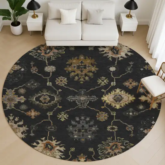 8' Black And Gold Oriental Washable Round Rug With UV Protection Photo 5