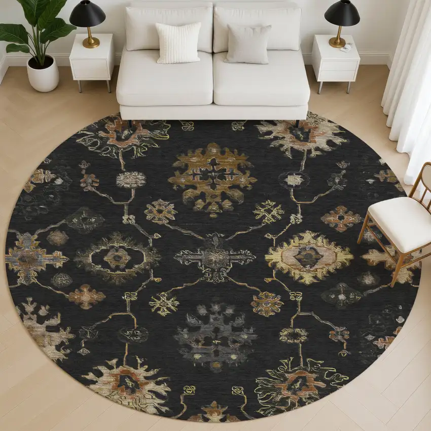 8' Black And Gold Oriental Washable Round Rug With UV Protection Photo 5