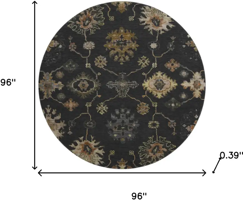 8' Black And Gold Oriental Washable Round Rug With UV Protection Photo 8