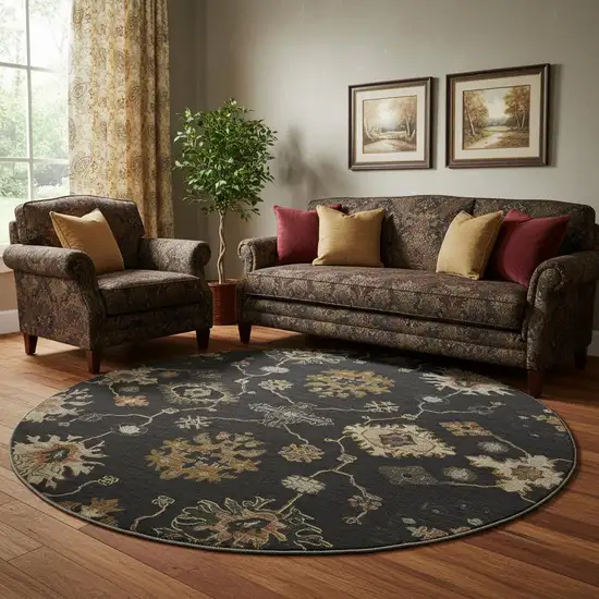 8' Black And Gold Oriental Washable Round Rug With UV Protection Photo 2