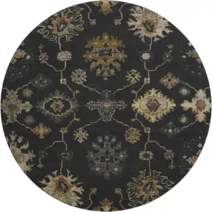 Photo of 8' Black And Gold Oriental Washable Round Rug With UV Protection