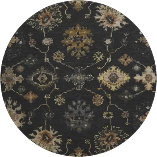 8' Black And Gold Oriental Washable Round Rug With UV Protection Photo 1