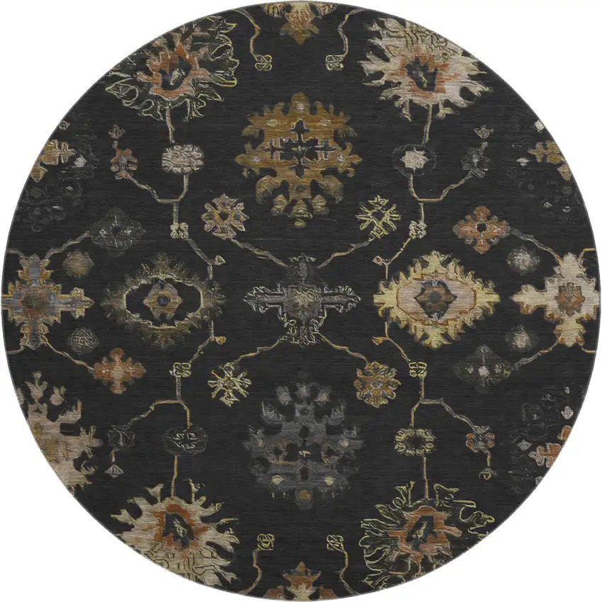 8' Black And Gold Oriental Washable Round Rug With UV Protection Photo 1
