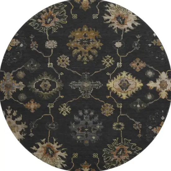 8' Black And Gold Oriental Washable Round Rug With UV Protection Photo 3