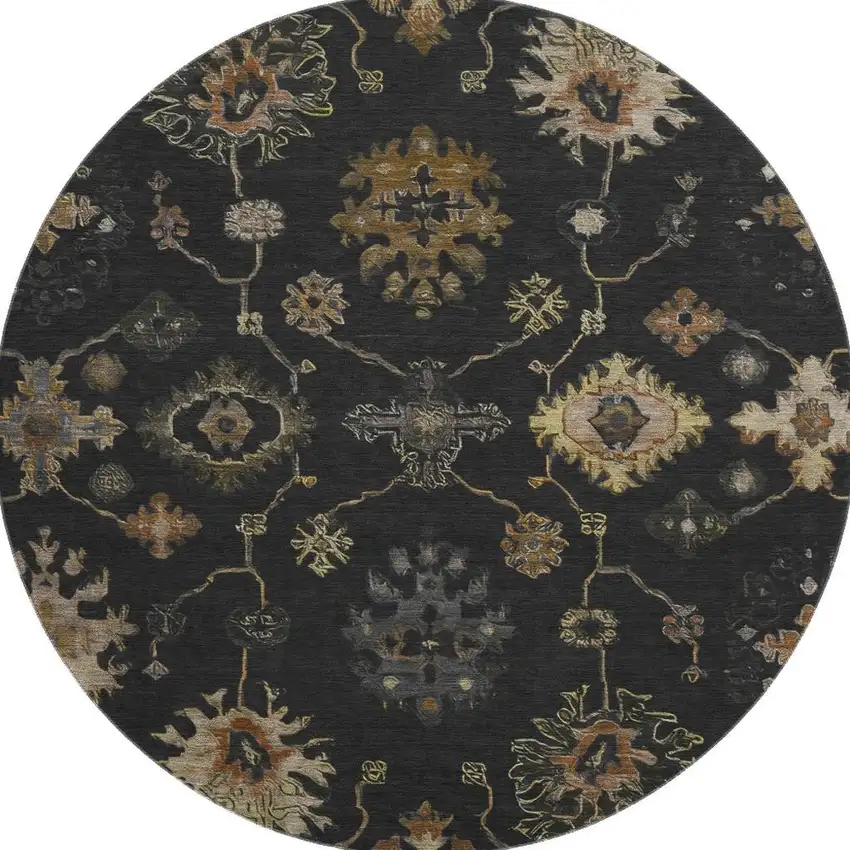 8' Black And Gold Oriental Washable Round Rug With UV Protection Photo 3