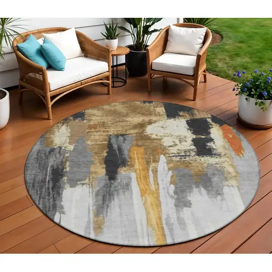 8' Black And Gold Round Abstract Washable Indoor Outdoor Area Rug Photo 2