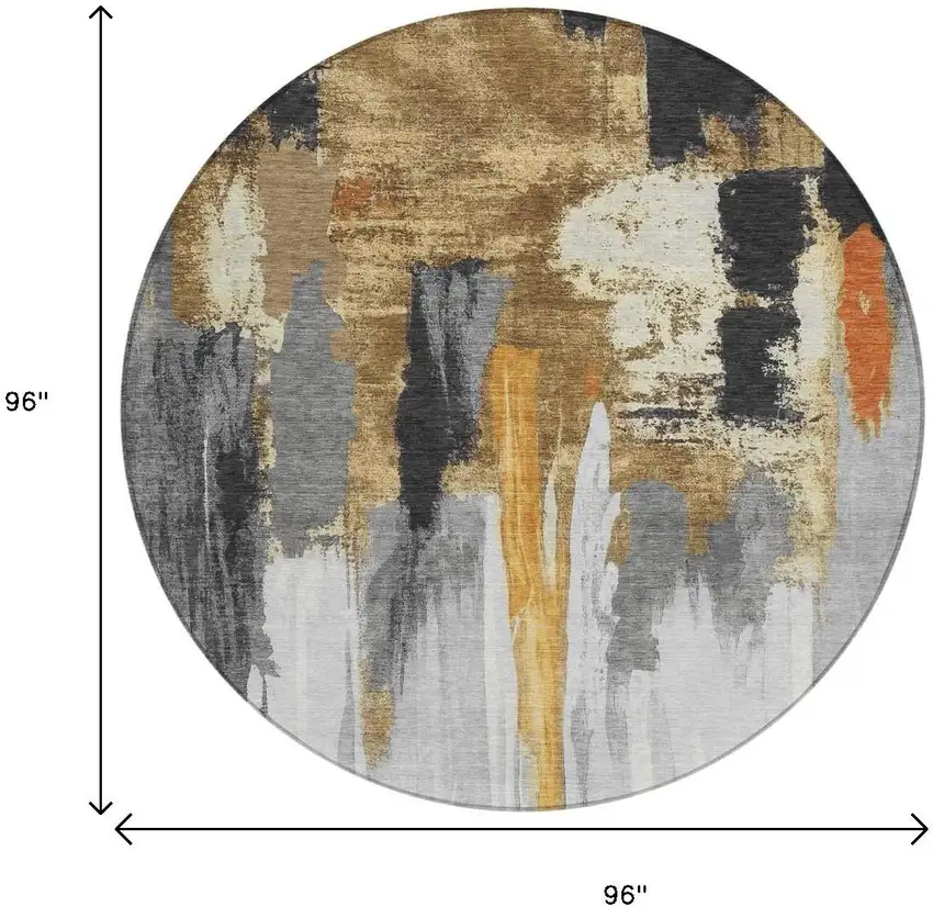 8' Black And Gold Round Abstract Washable Indoor Outdoor Area Rug Photo 8