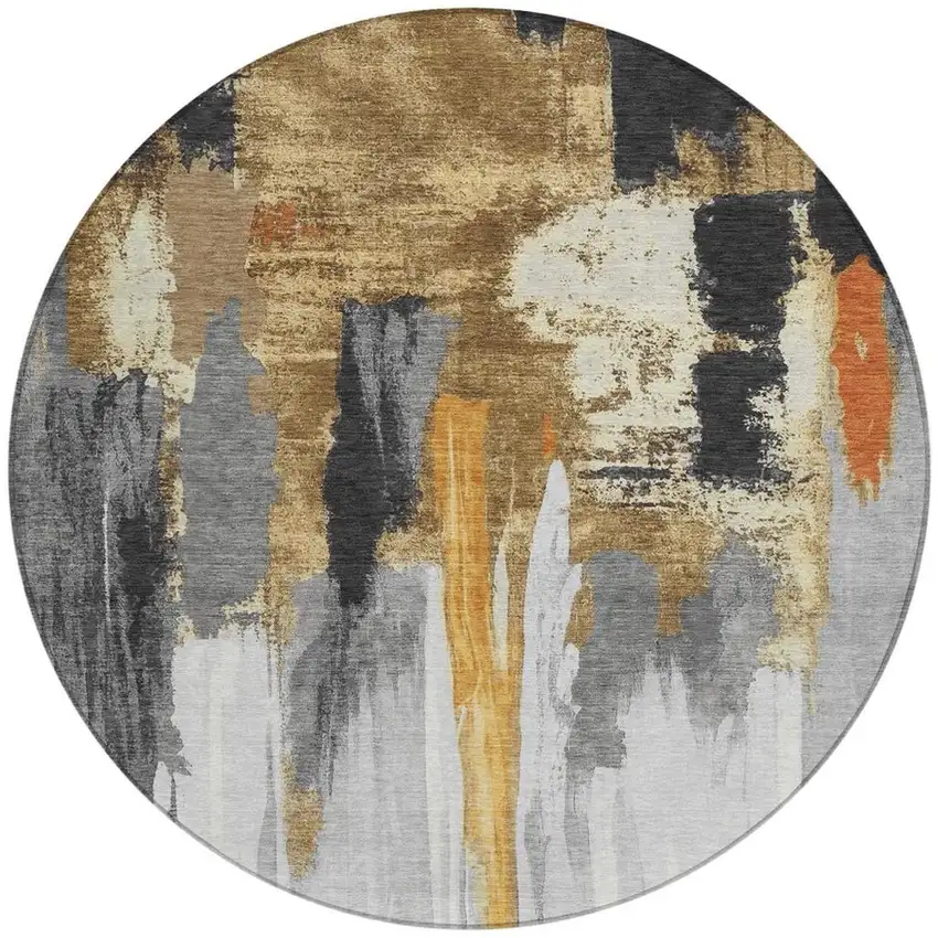8' Black And Gold Round Abstract Washable Indoor Outdoor Area Rug Photo 3