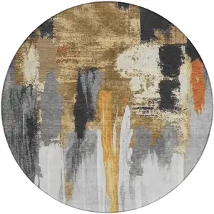 Photo of 8' Black And Gold Round Abstract Washable Indoor Outdoor Area Rug