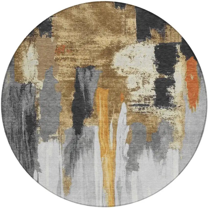 8' Black And Gold Round Abstract Washable Indoor Outdoor Area Rug Photo 1