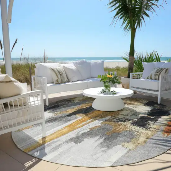 8' Black And Gold Round Abstract Washable Indoor Outdoor Area Rug Photo 4