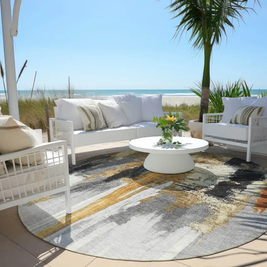 8' Black And Gold Round Abstract Washable Indoor Outdoor Area Rug Photo 4