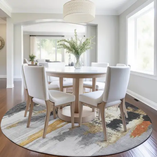 8' Black And Gold Round Abstract Washable Indoor Outdoor Area Rug Photo 5