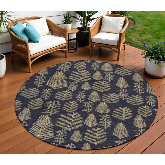 8' Black And Gold Round Botanical Leaves Washable Indoor Outdoor Area Rug Photo 2