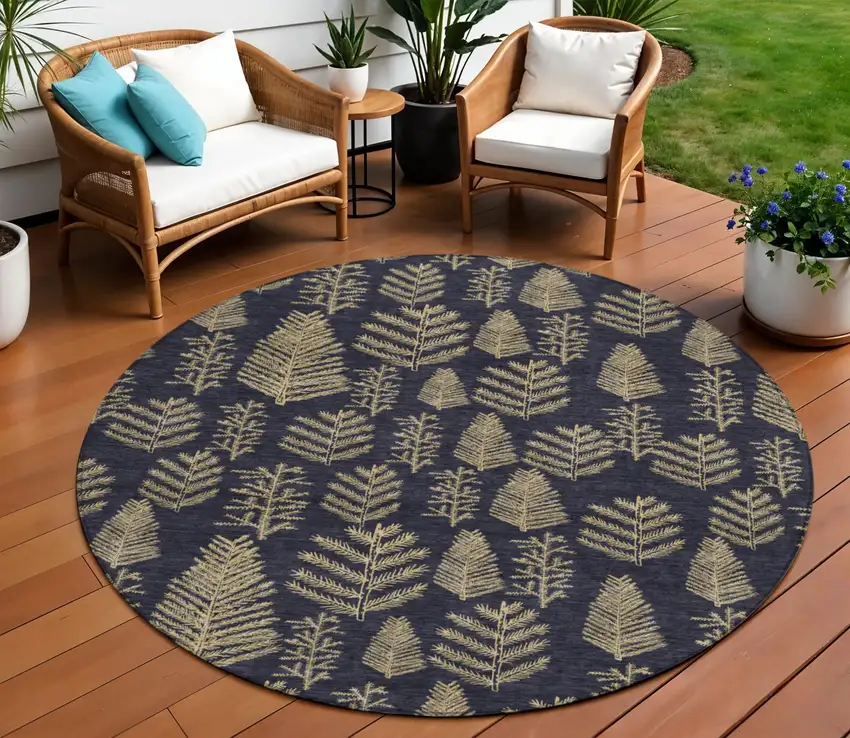 8' Black And Gold Round Botanical Leaves Washable Indoor Outdoor Area Rug Photo 2