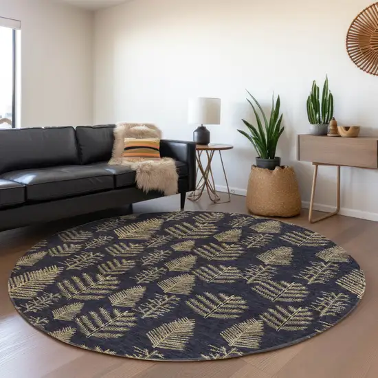 8' Black And Gold Round Botanical Leaves Washable Indoor Outdoor Area Rug Photo 6