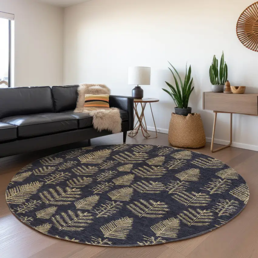 8' Black And Gold Round Botanical Leaves Washable Indoor Outdoor Area Rug Photo 6