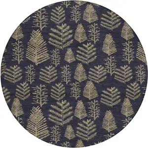Photo of 8' Black And Gold Round Botanical Leaves Washable Indoor Outdoor Area Rug