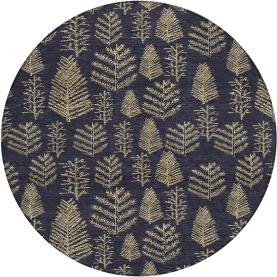 8' Black And Gold Round Botanical Leaves Washable Indoor Outdoor Area Rug Photo 1