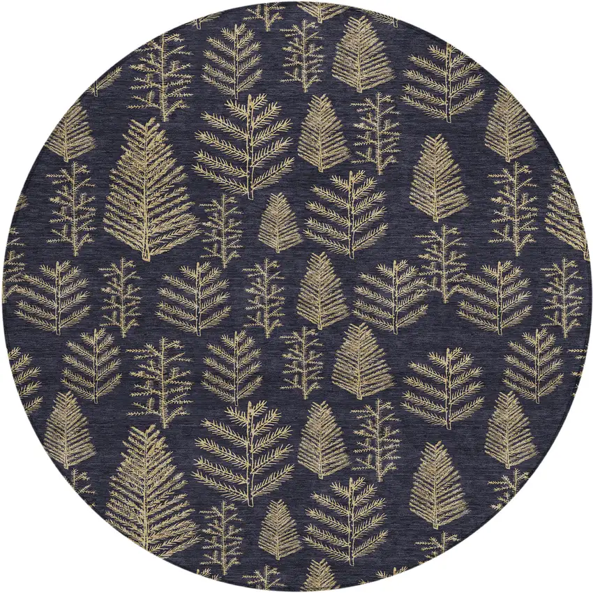 8' Black And Gold Round Botanical Leaves Washable Indoor Outdoor Area Rug Photo 1