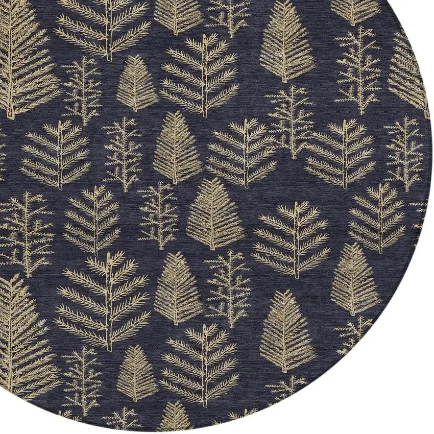 8' Black And Gold Round Botanical Leaves Washable Indoor Outdoor Area Rug Photo 4