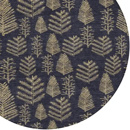 8' Black And Gold Round Botanical Leaves Washable Indoor Outdoor Area Rug Photo 4