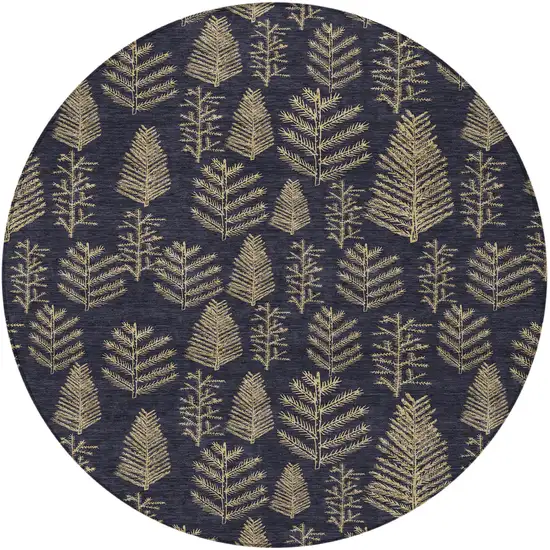 8' Black And Gold Round Botanical Leaves Washable Indoor Outdoor Area Rug Photo 3