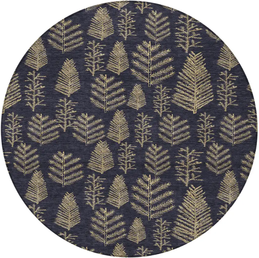 8' Black And Gold Round Botanical Leaves Washable Indoor Outdoor Area Rug Photo 3