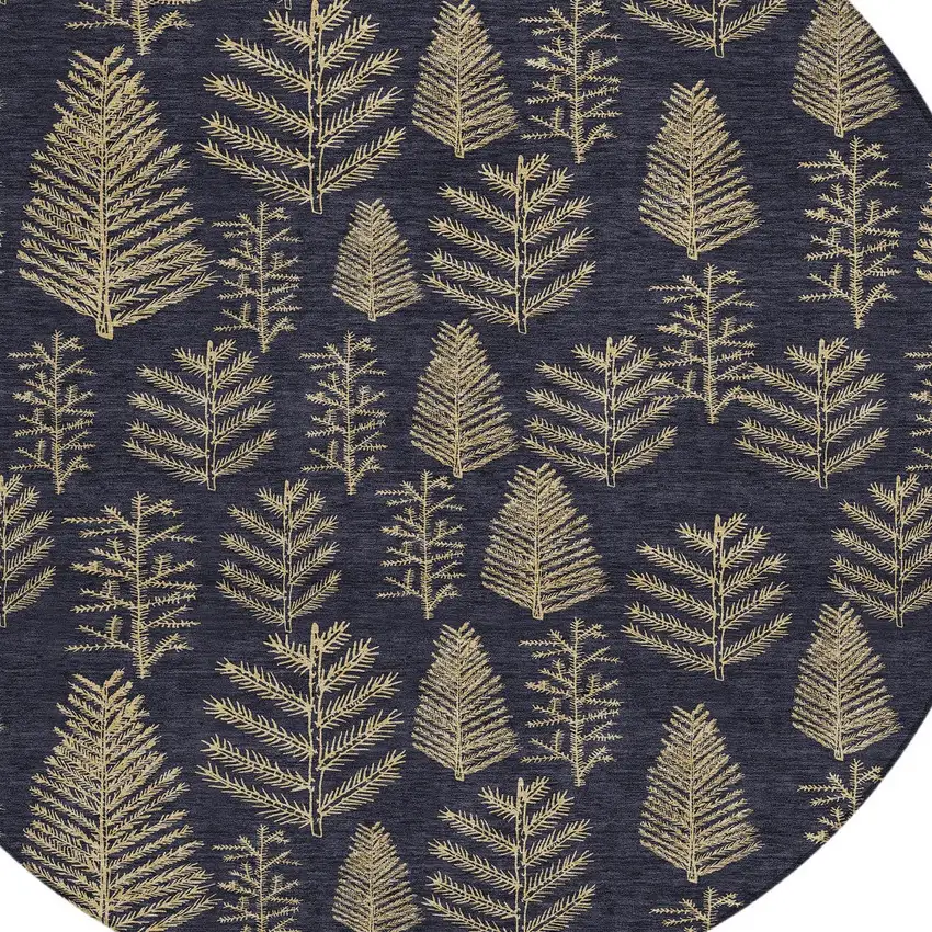 8' Black And Gold Round Botanical Leaves Washable Indoor Outdoor Area Rug Photo 9